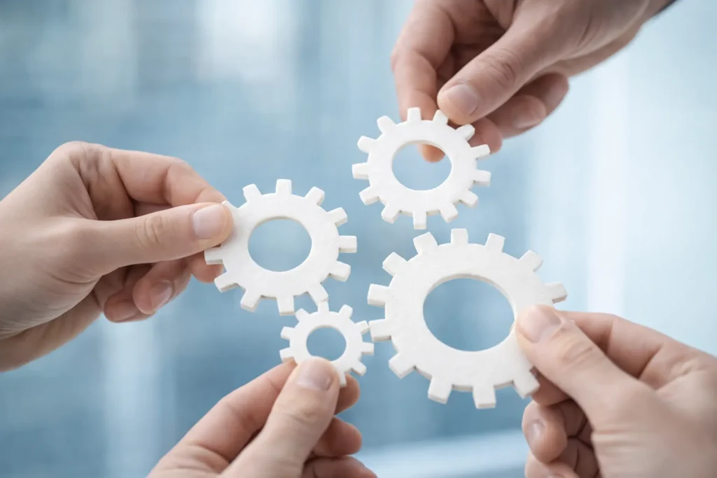 Hände setzen Zahnräder zusammen – Blended-Learning-Programm für Führungskräfteentwicklung