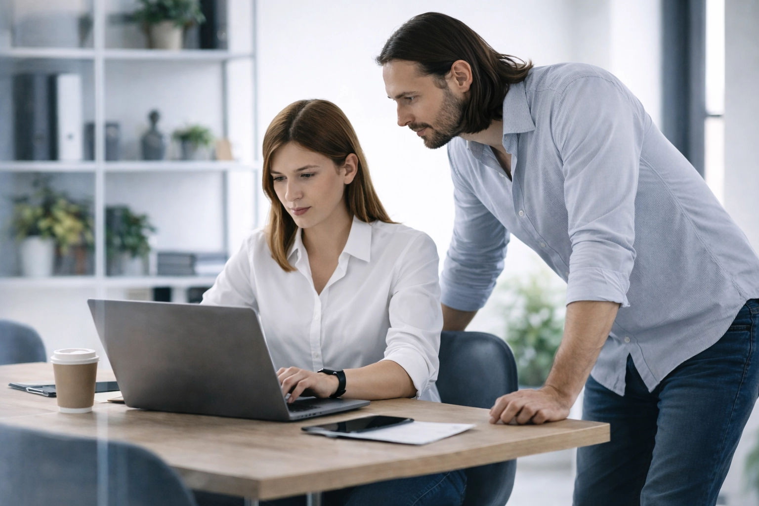 Zwei Kollegen arbeiten gemeinsam am Laptop im Büro – Zusammenarbeit im Business