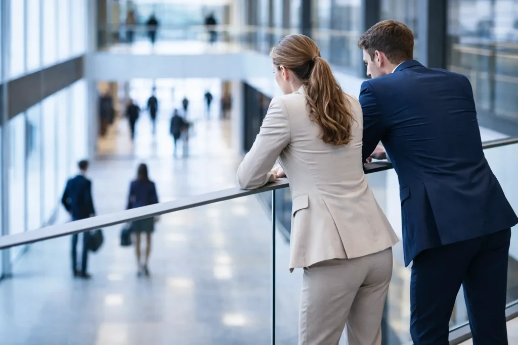 Geschäftspartnerin und Geschäftspartner im Gespräch an einem Geländer im Bürogebäude