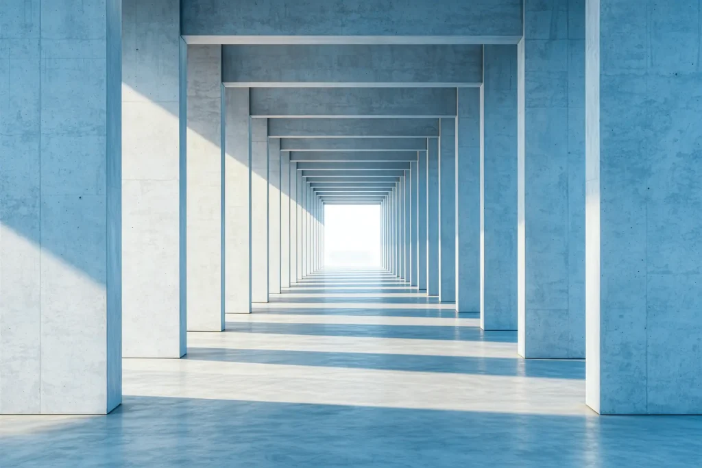 Heller Betonkorridor mit Blick ins Licht – Sinnbild für Klarheit, Struktur und innere Führungsstabilität