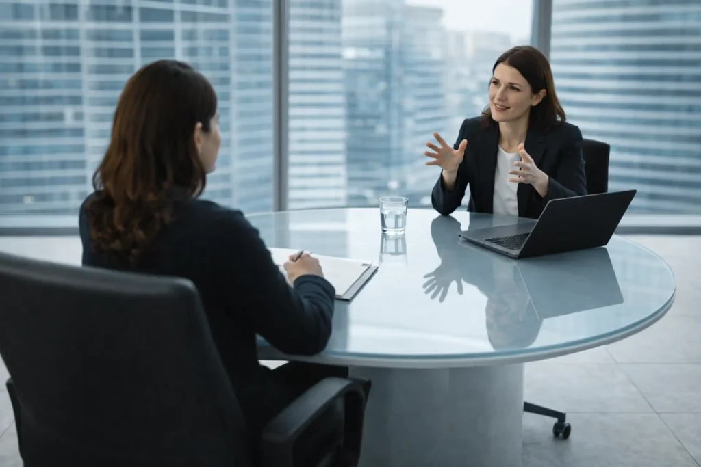 Zwei Frauen im Sparring-Gespräch am Besprechungstisch mit Laptop – Sparring für erfahrene Führungskräfte