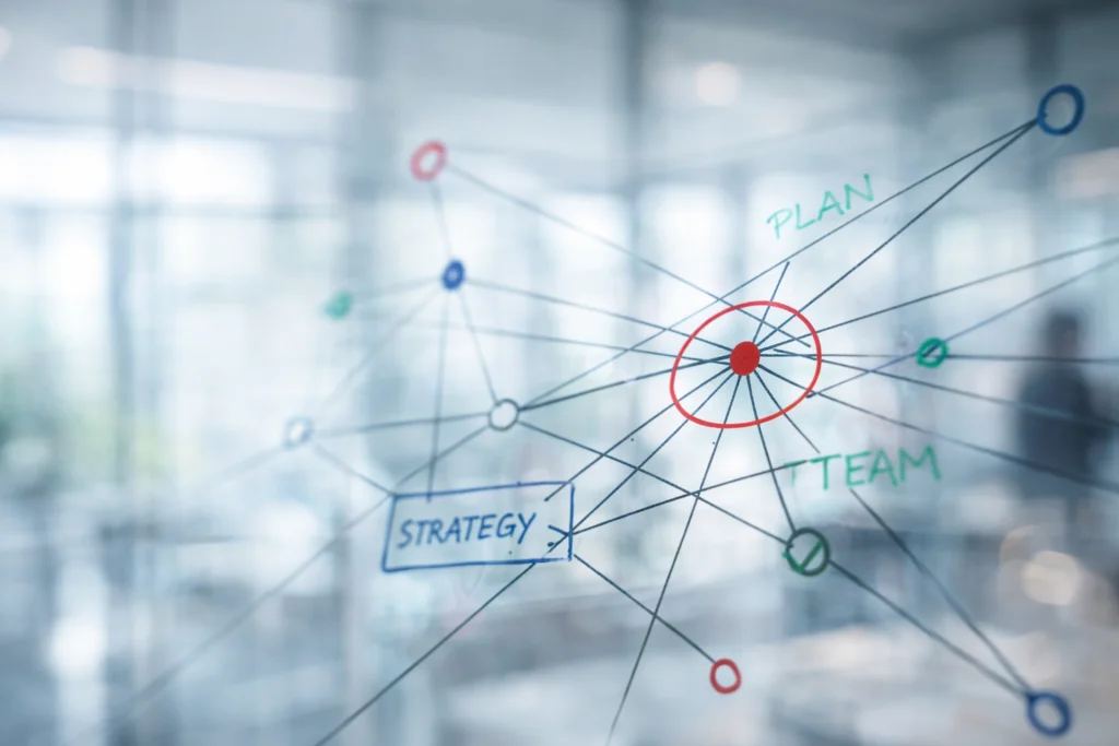 Skizze mit Strategie, Plan und Team als vernetzte Punkte auf einer Glaswand