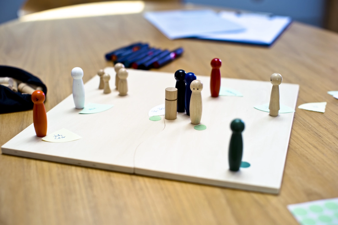 Holzfiguren auf einem Aufstellungsbrett – systemische Aufstellung im Coaching