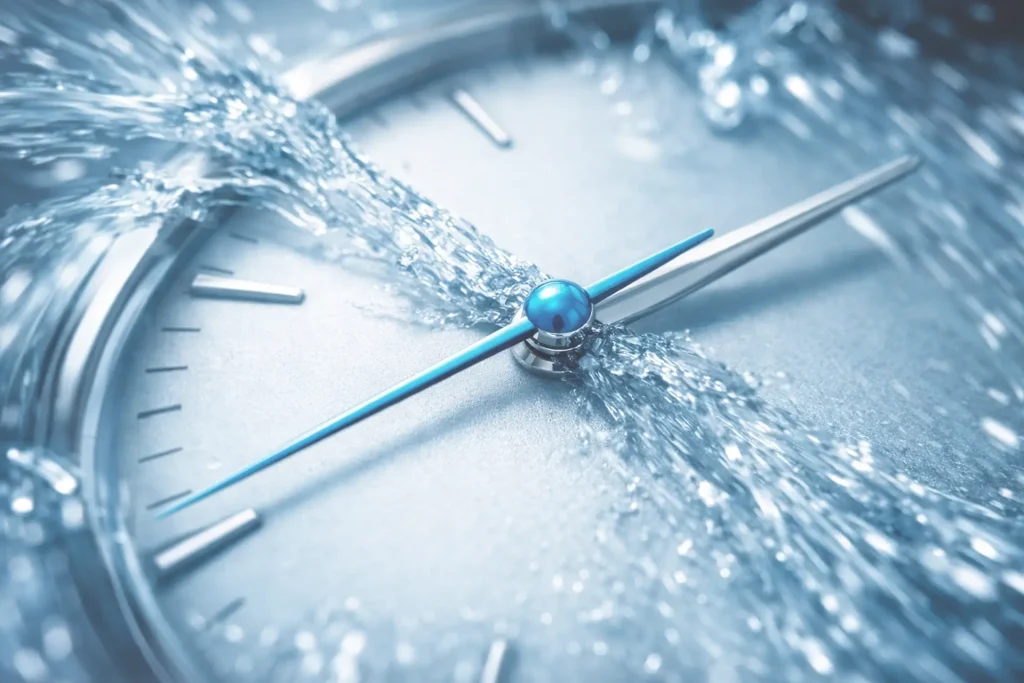 Uhr mit spritzendem Wasser – Zeitdruck im operativen Tagesgeschäft von Führungskräften