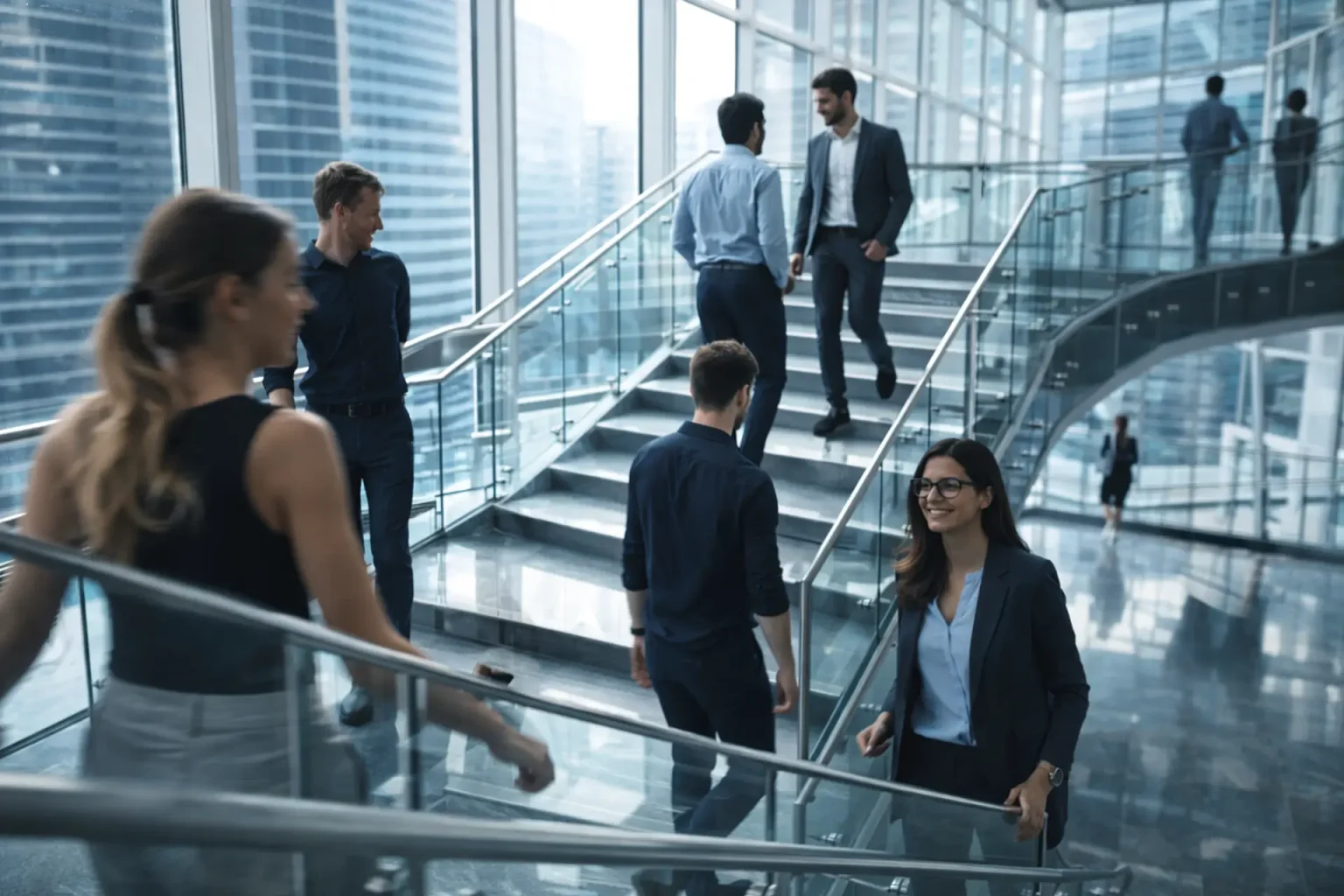 Mitarbeitende auf einer Treppe in einem modernen Bürogebäude – Zusammenarbeit im dynamischen Unternehmen
